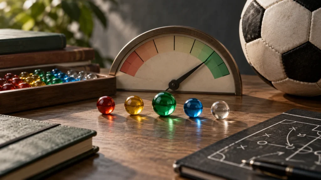 Esferas de colores junto a un indicador para ilustrar la calibración de probabilidades