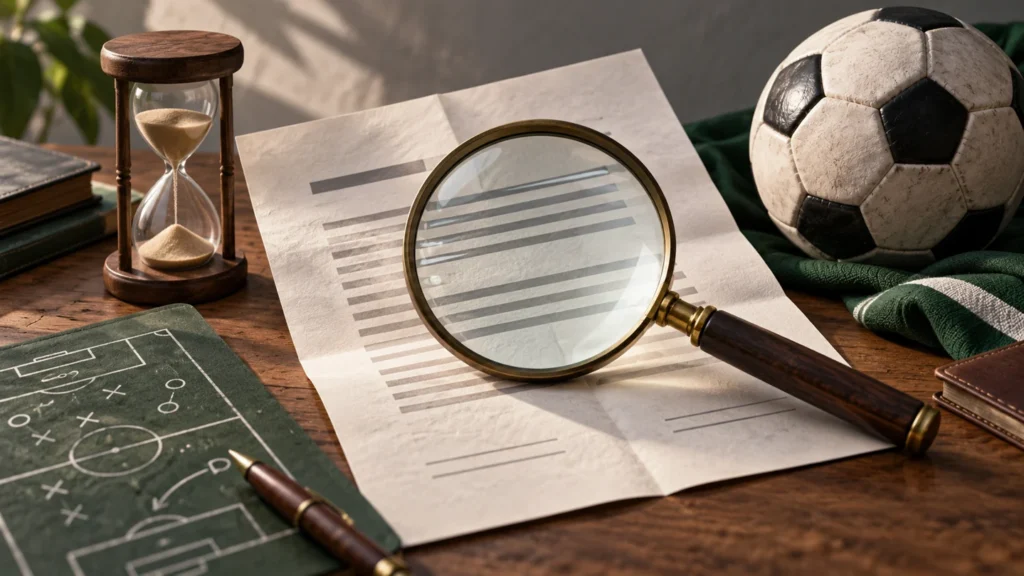 Lupa sobre un documento de condiciones junto a un reloj de arena