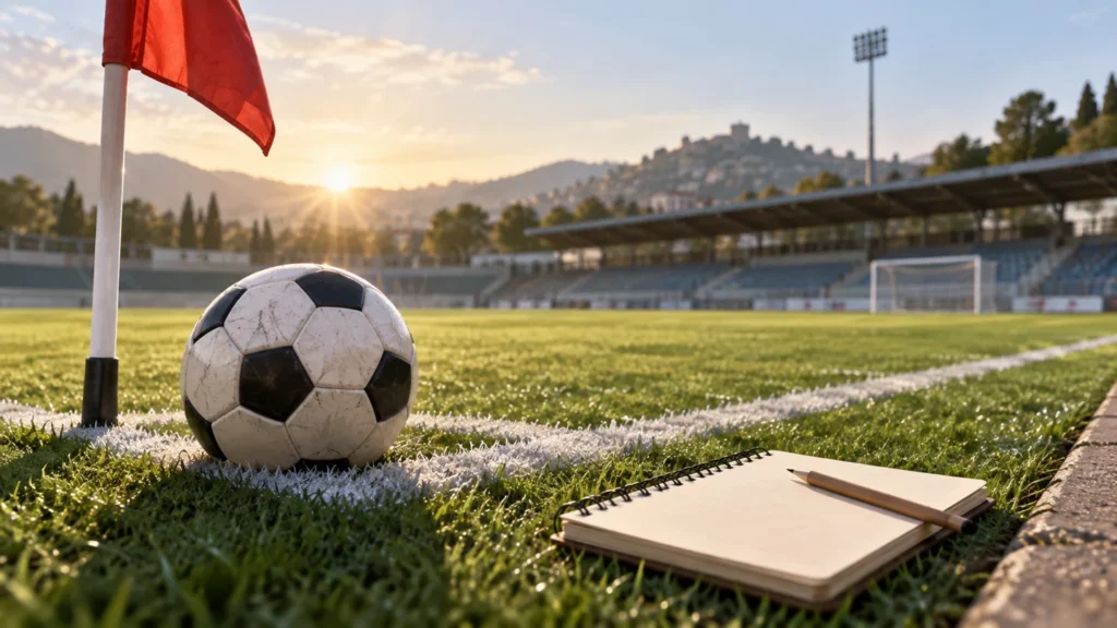 Balón y banderín de córner junto a un cuaderno de registro