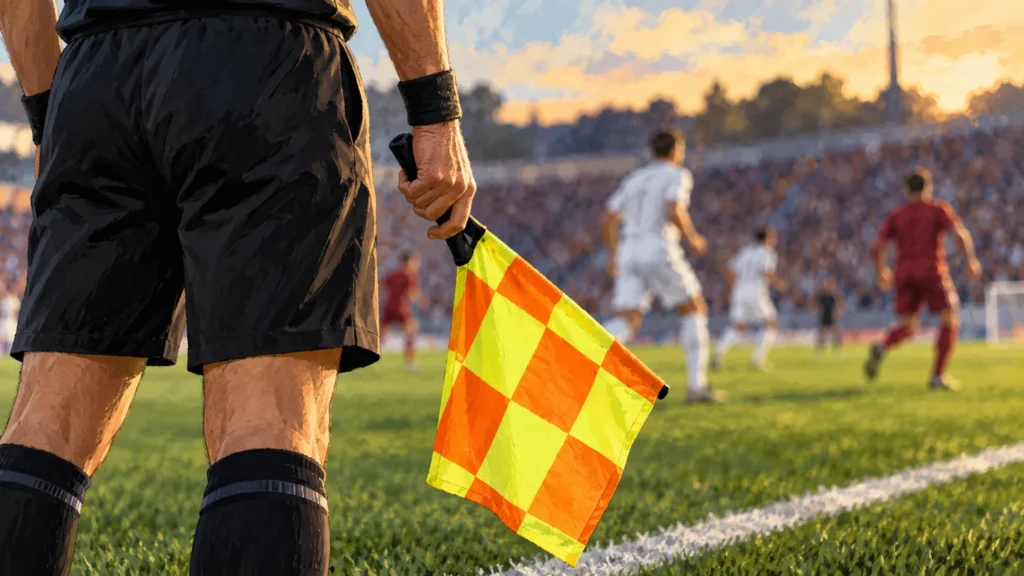 Banderín de un árbitro asistente junto a la línea de banda