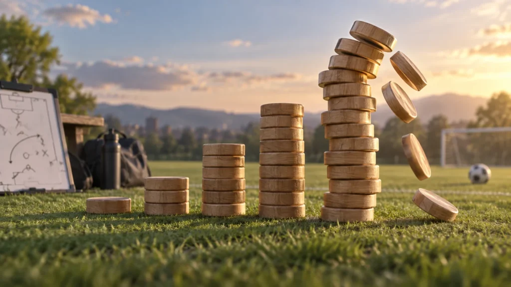 Pilas crecientes de fichas de madera con la más alta perdiendo el equilibrio