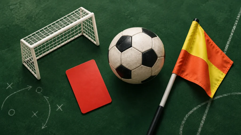 Portería, balón, tarjeta y banderín como símbolos de distintos mercados