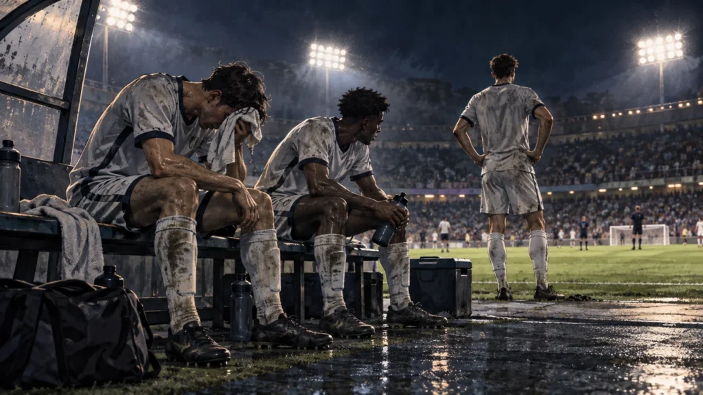Futbolistas descansando junto al campo antes de continuar el partido