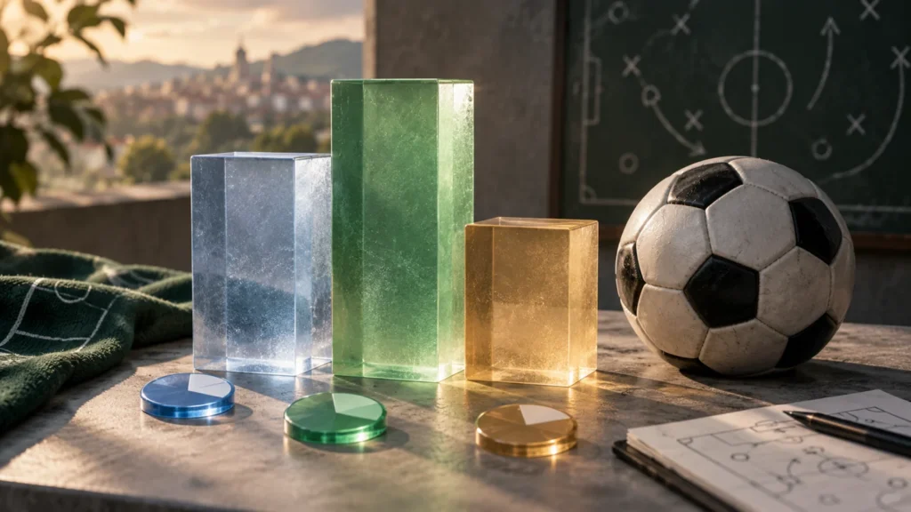 Bloques de distintas alturas y fichas junto a un balón para ilustrar los puntos esperados