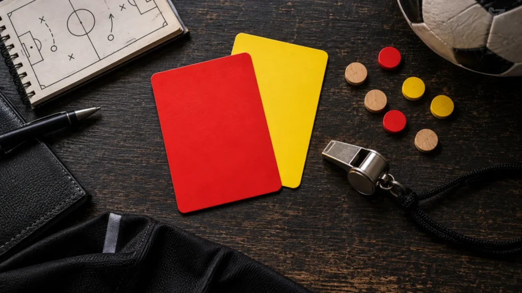 Tarjetas roja y amarilla, silbato y fichas de recuento