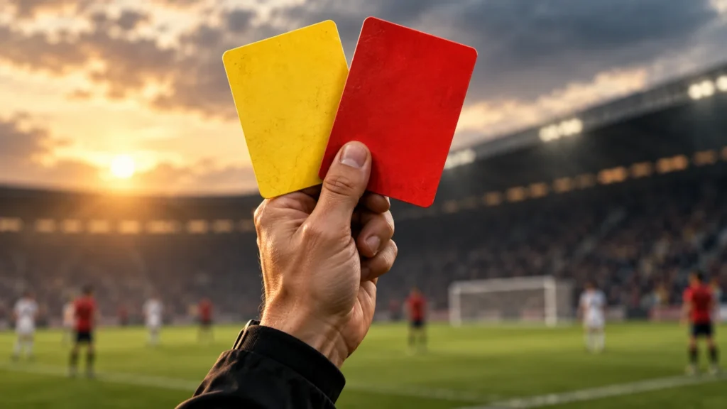 Mano de un árbitro con una tarjeta amarilla y otra roja