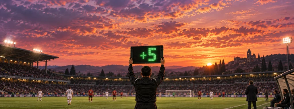 Cuarto árbitro mostrando un tablero con cinco minutos de tiempo añadido