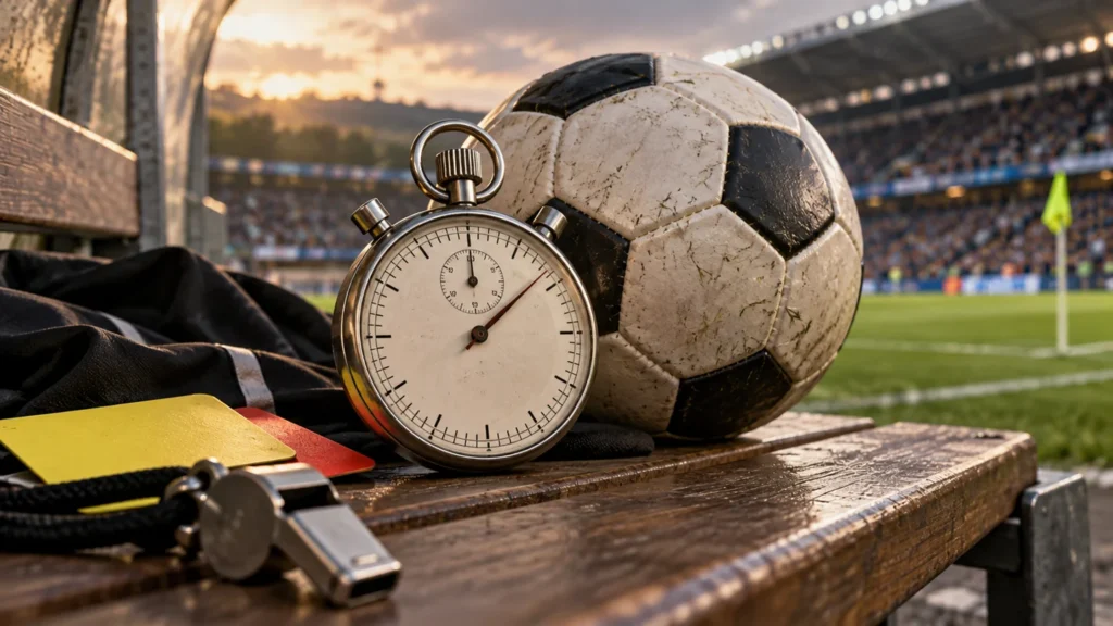 Cronómetro junto a un balón y material de arbitraje