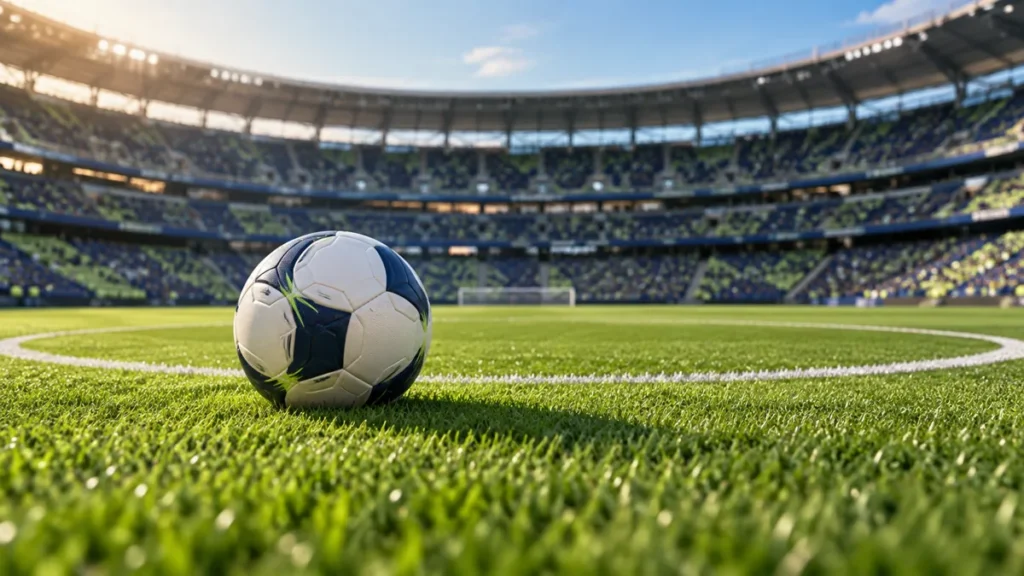 Balón sobre el círculo central de un estadio vacío iluminado de tarde