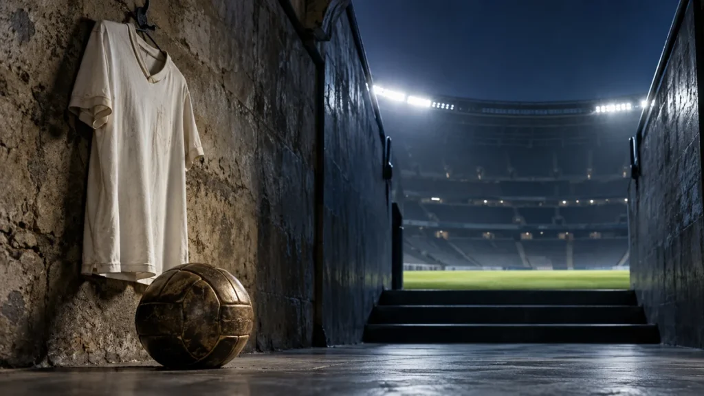 Ilustración editorial de una camiseta blanca sin escudo y un balón antiguo en un túnel de estadio