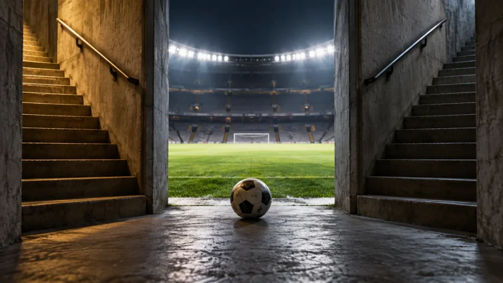 Balón a la entrada de un túnel que conduce a un campo de fútbol iluminado
