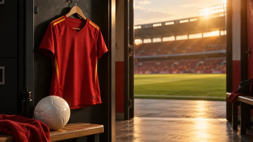 Camiseta roja sin escudo y balón en un vestuario de fútbol femenino