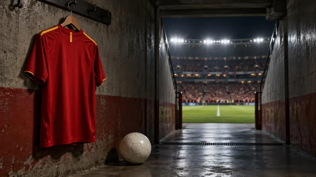 Camiseta roja sin escudo y balón a la entrada de un estadio iluminado