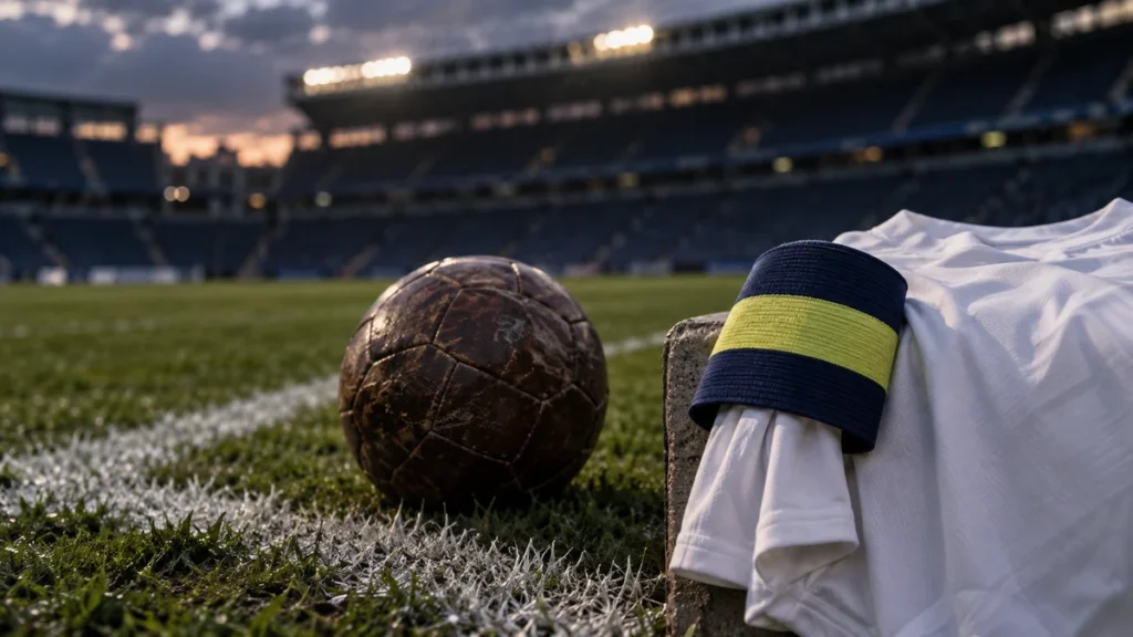Ilustración editorial de un brazalete de capitán sin emblema sobre una camiseta y un balón en el campo