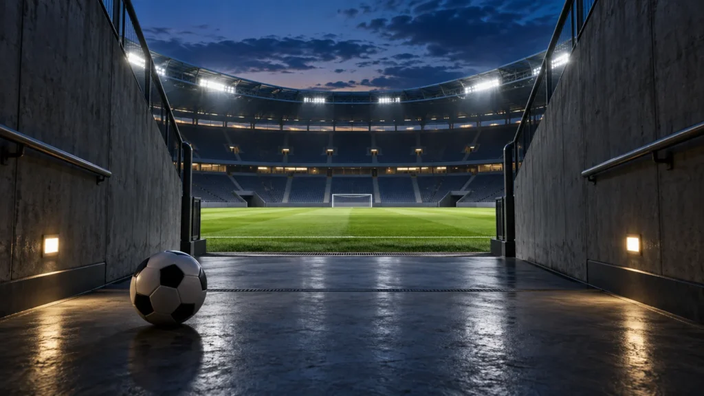 Balón en el túnel de un estadio ficticio, con el terreno de juego iluminado al fondo.