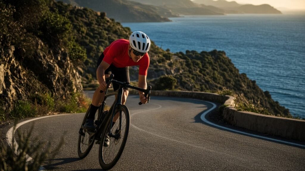 Ciclista anónimo con maillot rojo entra en una curva de costa al atardecer sobre una bicicleta de carretera.