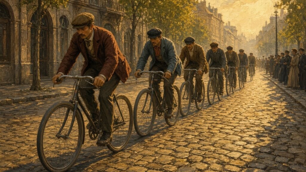 Recreación imaginada de varios ciclistas con ropa de época que avanzan por una avenida adoquinada.
