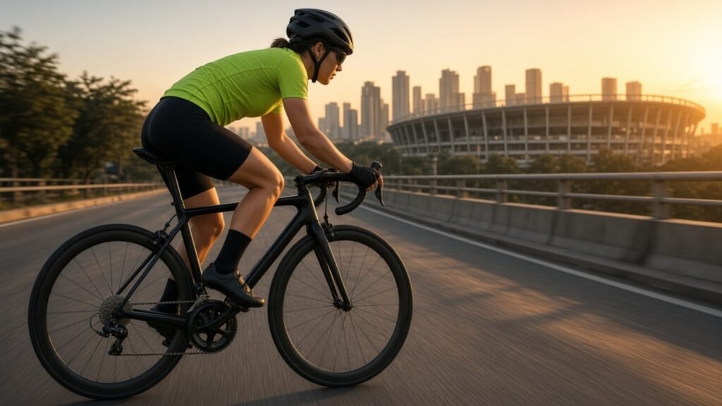 Una ciclista con maillot verde rueda por una vía urbana junto a un estadio, en una escena ficticia.