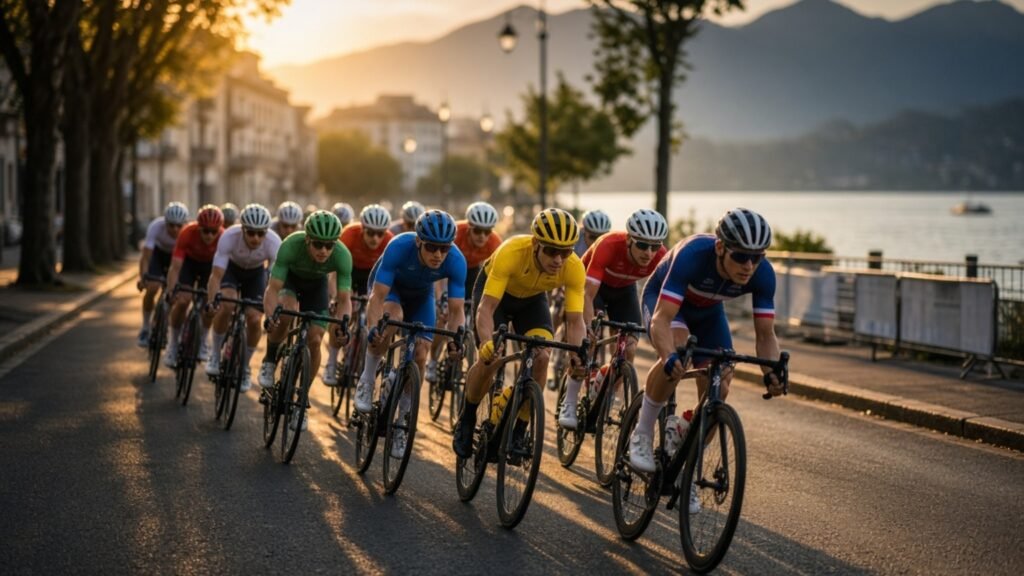 Un pelotón con maillots de distintos colores compite en una carretera urbana junto a un lago, en una escena ficticia.