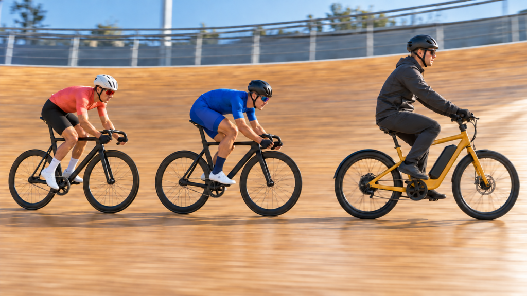 Dos ciclistas siguen a un lanzador que conduce una bicicleta eléctrica amarilla en un velódromo de madera