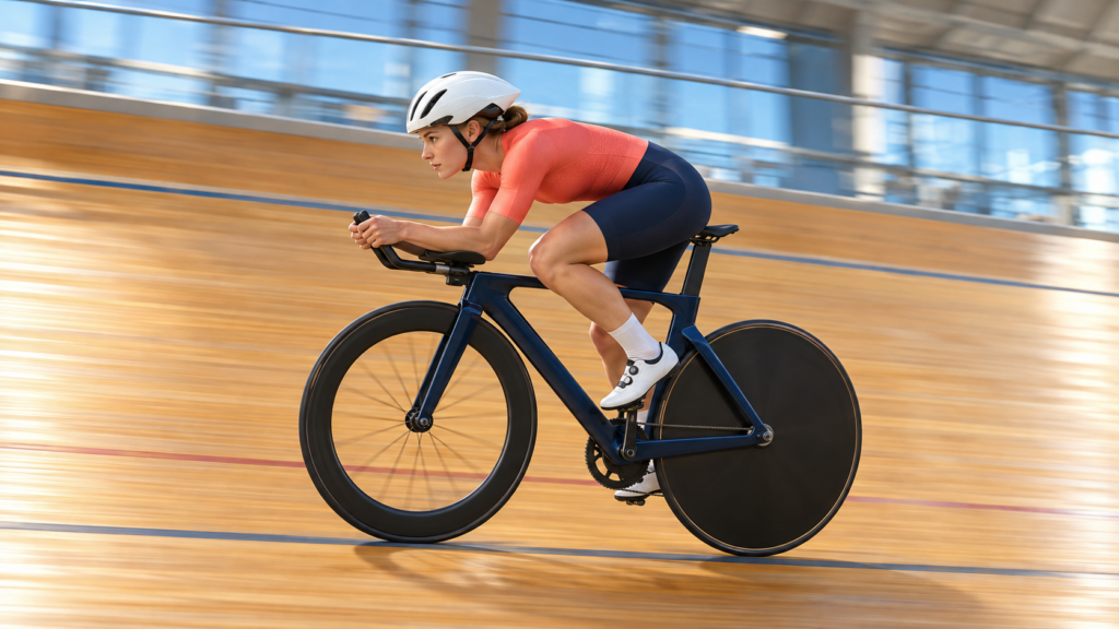 Ciclista con equipación coral y casco blanco en posición aerodinámica sobre una bicicleta de pista