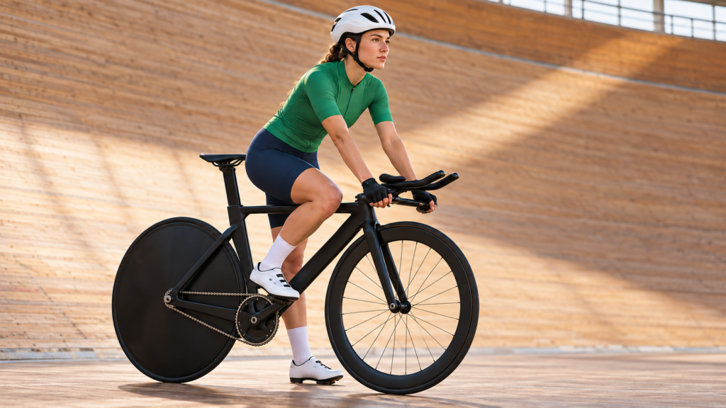 Ciclista con equipación verde y casco blanco sobre una bicicleta de pista, con un pie apoyado en el suelo