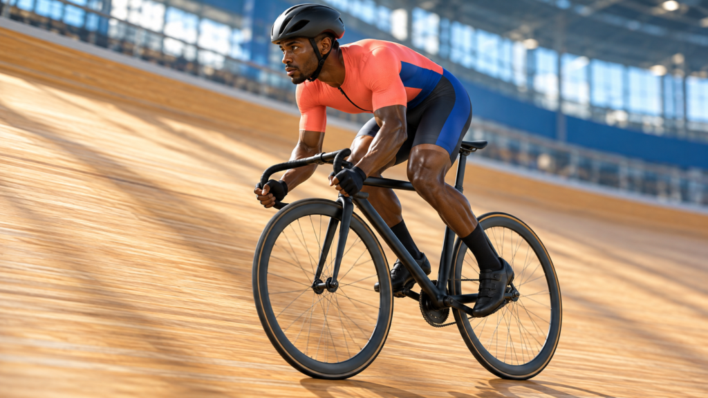 Ciclista con equipación coral y azul rueda sobre una bicicleta de pista en un velódromo de madera