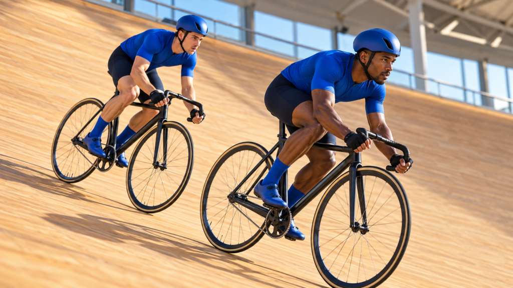 Dos ciclistas con equipación azul ruedan separados sobre sus bicicletas de pista en un velódromo