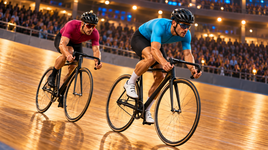 Dos ciclistas ruedan por un velódromo iluminado, con las gradas desenfocadas al fondo