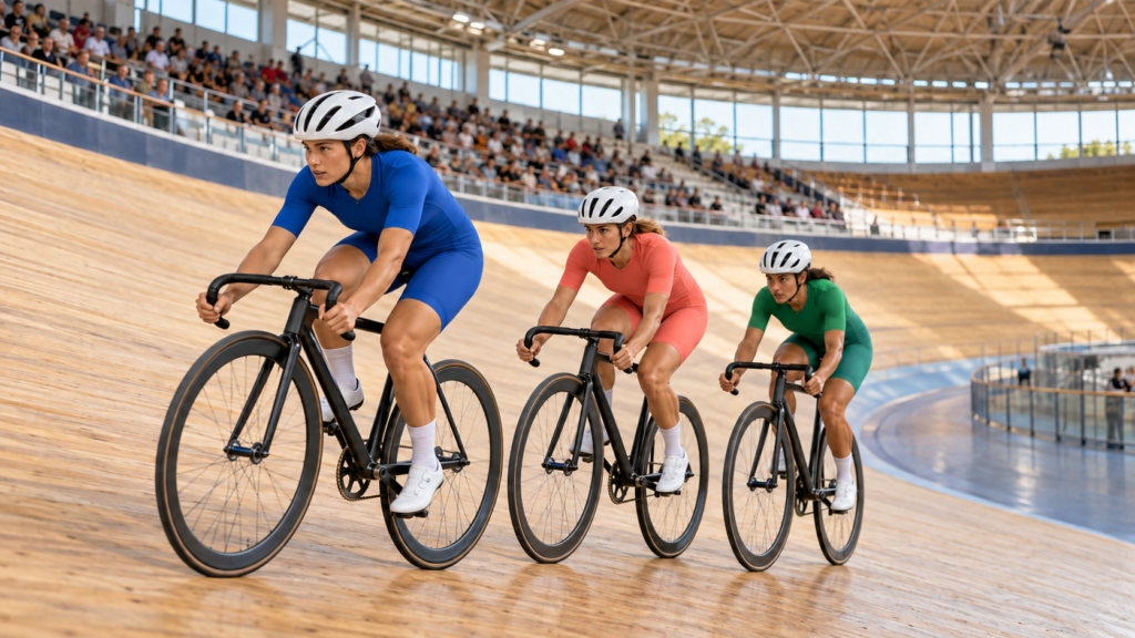 Un pequeño grupo de ciclistas rueda en un velódromo cubierto con público en las gradas