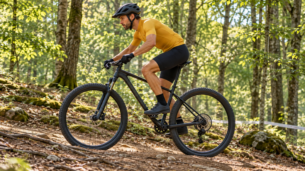 Ciclista con maillot amarillo y casco sobre una bicicleta de montaña en un sendero con raíces