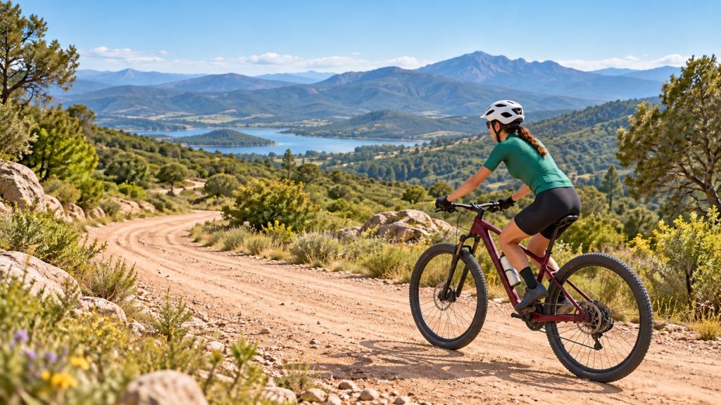 Una ciclista de montaña recorre una pista de tierra entre laderas verdes y montañas al fondo