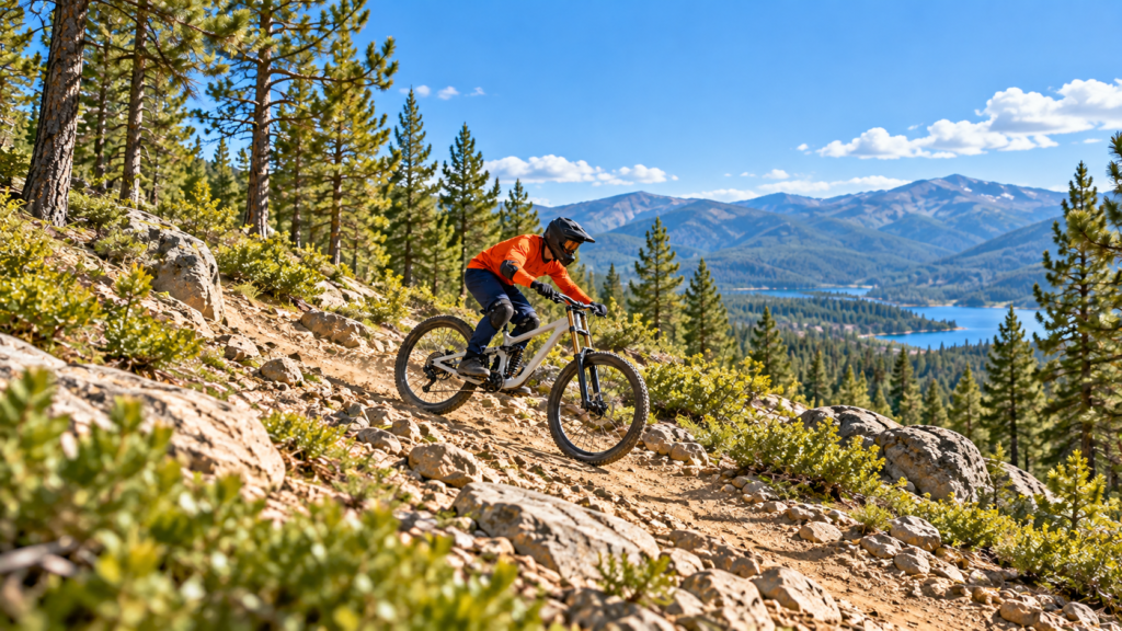 Un ciclista con casco integral, gafas y protecciones desciende por un sendero rocoso sobre una bicicleta de montaña de doble suspensión.