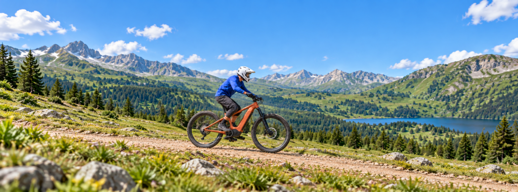 Un ciclista con casco integral y camiseta azul circula por un sendero sobre una bicicleta de montaña naranja con batería integrada y unidad motriz central.