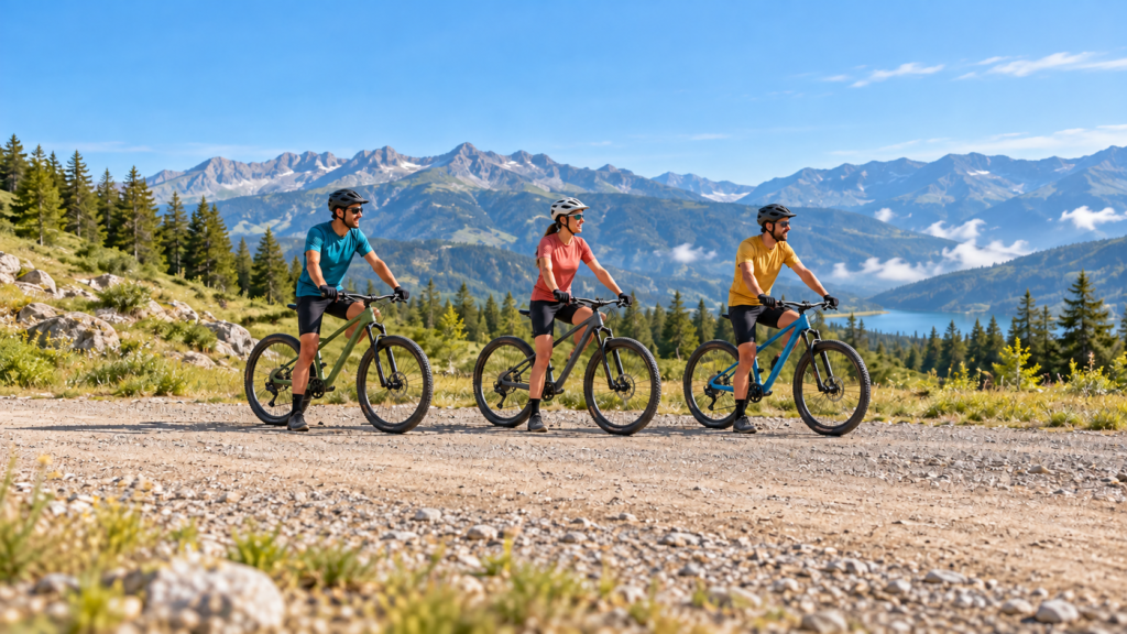 Tres ciclistas con casco esperan alineados y separados sobre sus bicicletas de montaña en una recta de tierra.
