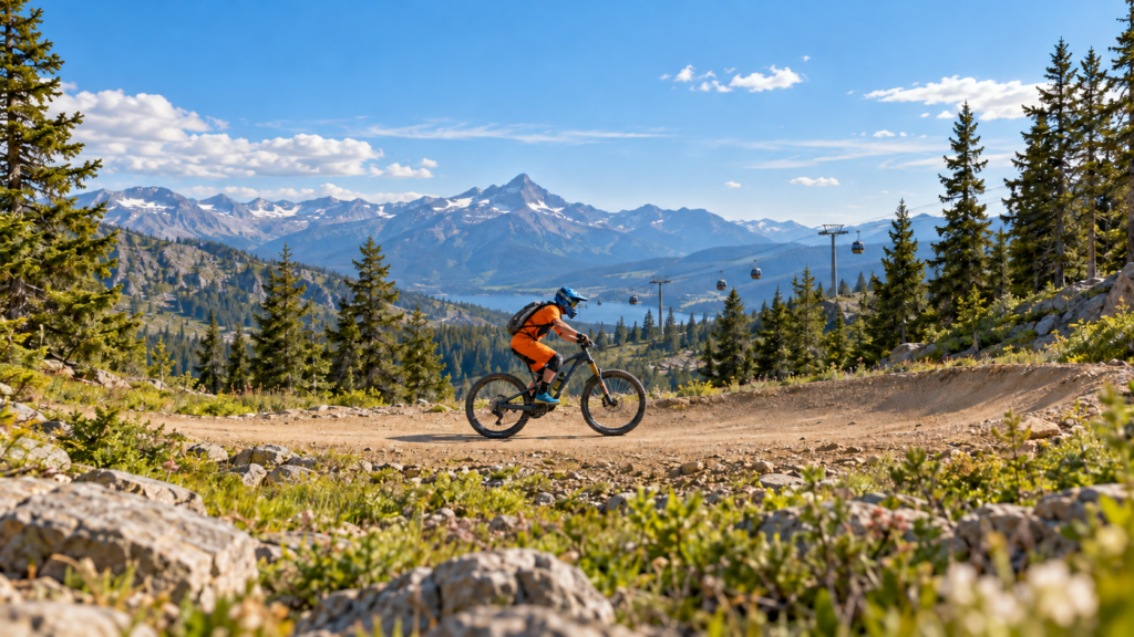 Un ciclista con casco integral recorre una pista de tierra de un bike park ficticio, con un telecabina al fondo.