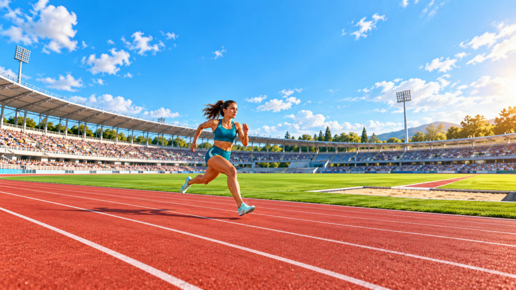 Ilustración de una atleta con equipación turquesa corriendo en una pista de atletismo.