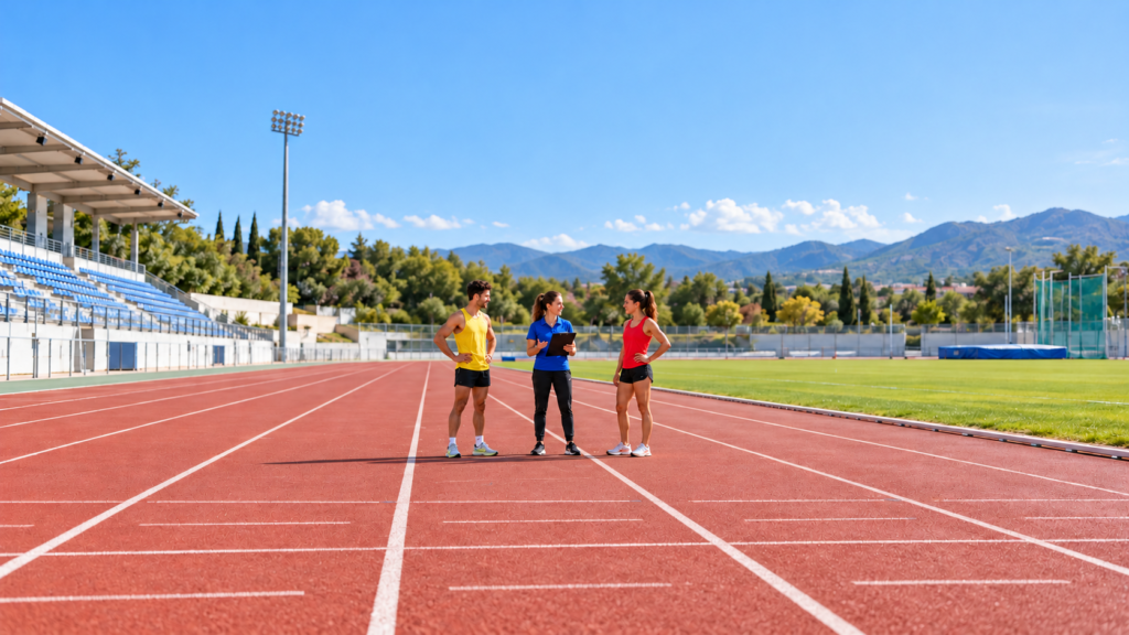 Entrenadora con camiseta azul y tablilla junto a un atleta con ropa amarilla y una atleta con ropa roja en una pista.
