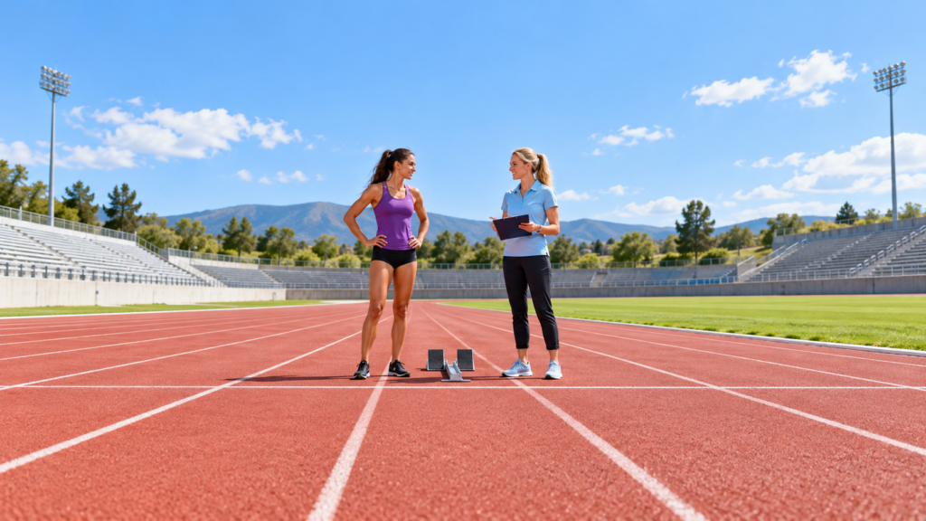 Atleta con camiseta violeta y entrenadora con camiseta azul claro junto a unos tacos de salida en una pista roja.