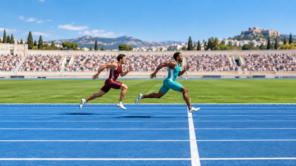 Dos corredores con ropa turquesa y burdeos cruzando una línea blanca de meta en una pista azul.