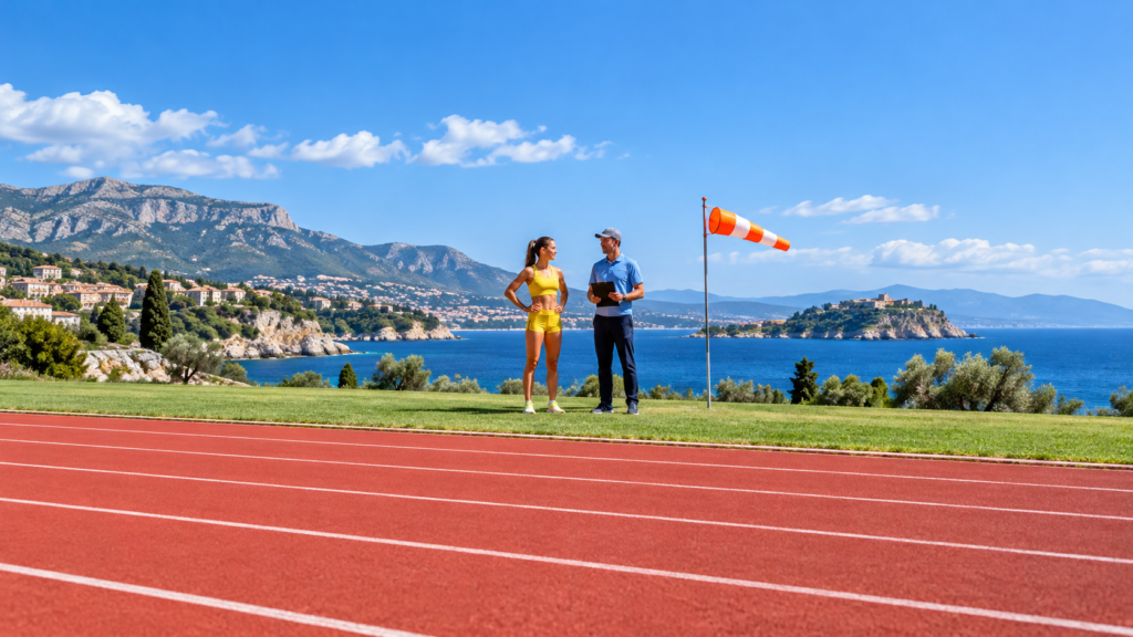 Atleta con ropa amarilla junto a un oficial y una manga de viento naranja y blanca al lado de una pista roja.