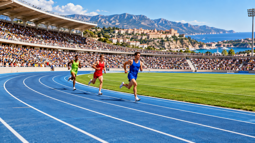 Tres corredores con ropa azul, roja y verde avanzando desde una curva hacia la recta de una pista azul.