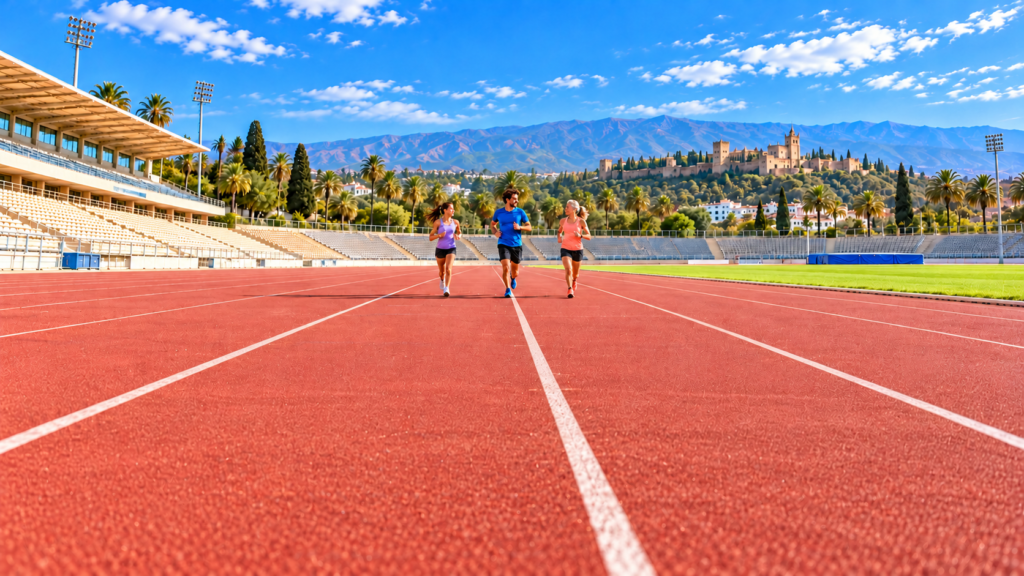 Tres atletas de diferentes edades avanzan por una pista roja en un estadio soleado.