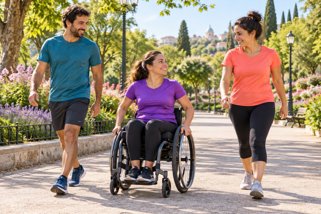 Una mujer con camiseta morada avanza en una silla manual por un camino del parque junto a un hombre de azul y una mujer de coral.