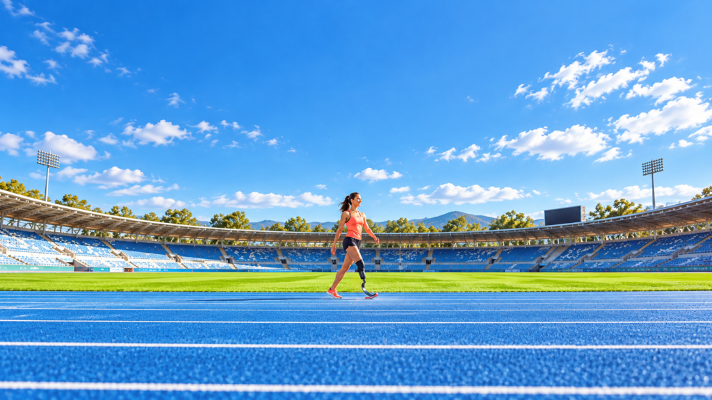 Una atleta con una prótesis de miembro inferior se desplaza por una pista azul en un estadio.