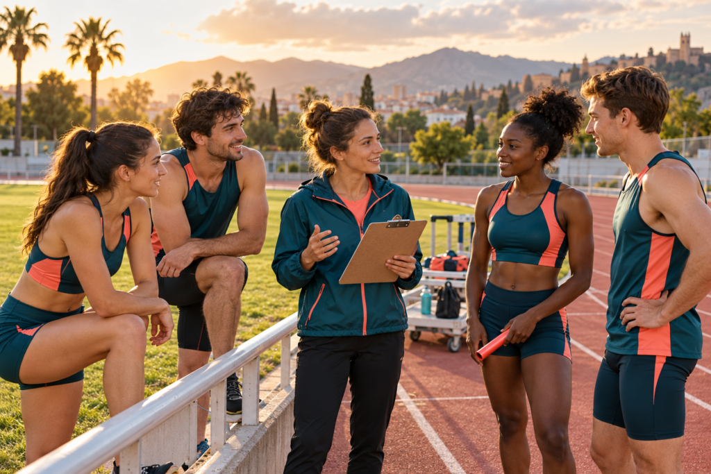 Grupo ficticio de atletas adultos con su entrenadora junto a una pista de atletismo roja