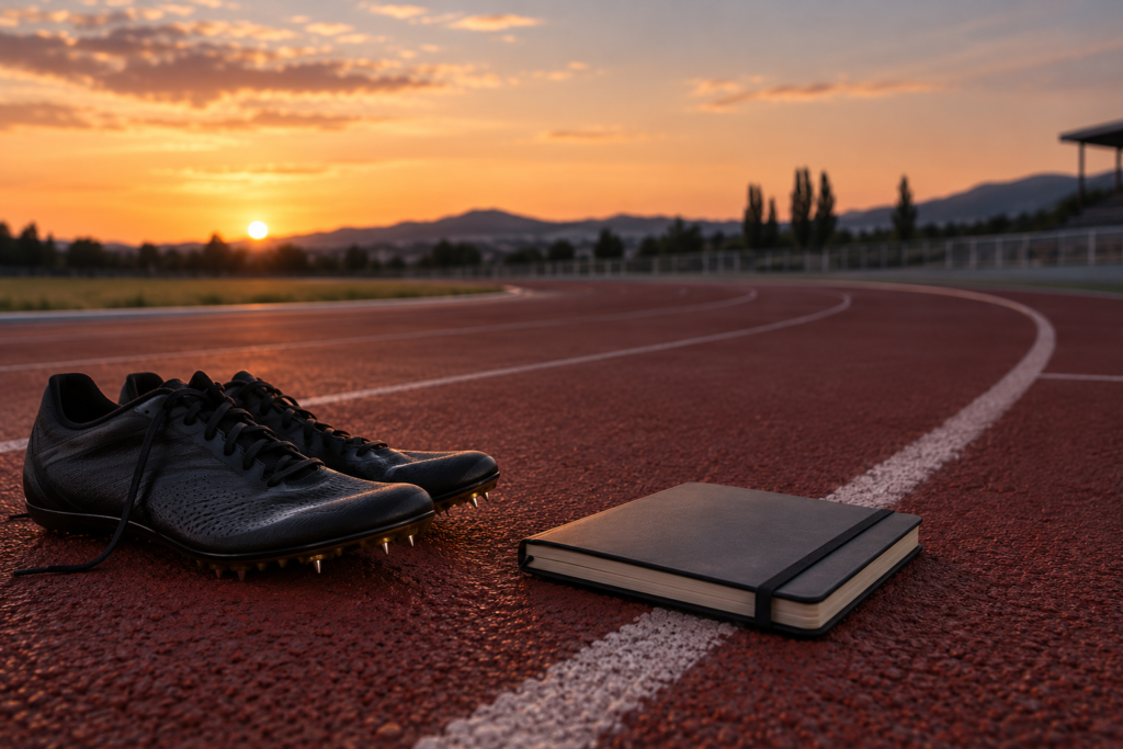 Zapatillas oscuras junto a un cuaderno cerrado en la curva de una pista roja al atardecer.
