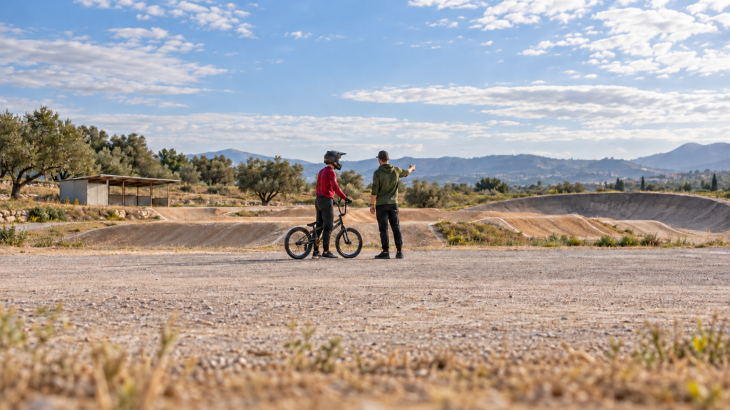 Persona adulta con bicicleta BMX y casco integral junto a un instructor en una zona llana exterior al circuito.