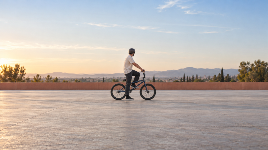 Ciclista adulto con casco detenido sobre una BMX en una amplia superficie plana de hormigón.