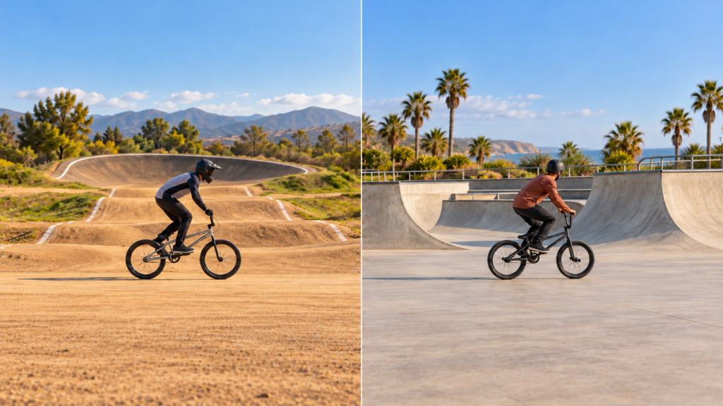 Díptico ilustrado con un adulto en una pista de BMX Racing y otro en un parque de BMX Freestyle.